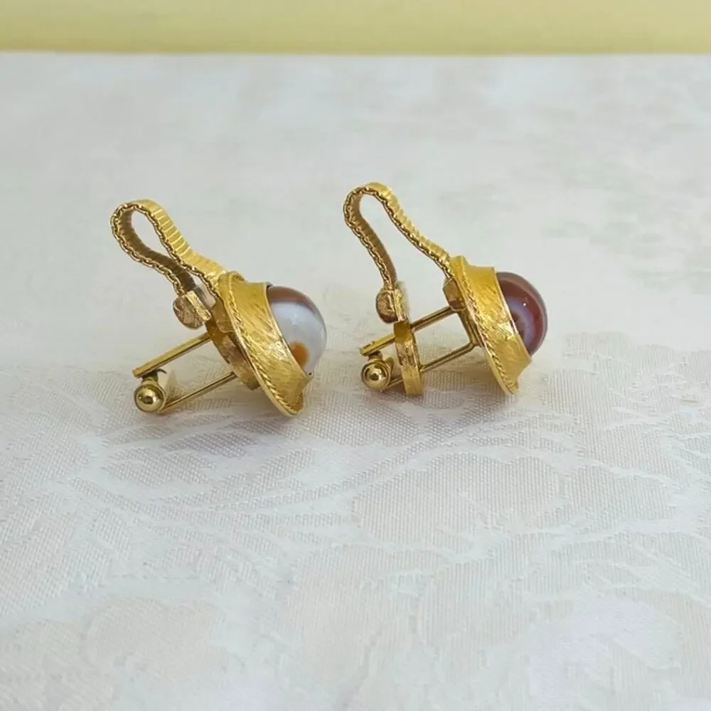 Cufflinks Vtg DANTE 70s Oval Banded Agate Cabochon Swag Mesh Gold Tone